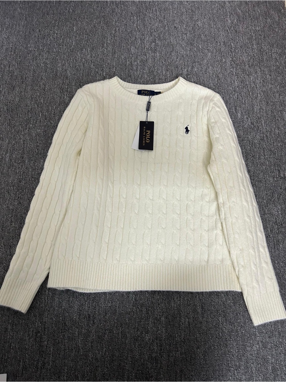Polo by Ralph Lauren Cream Cable-Knit Crew Neck Sweater with Navy Pony